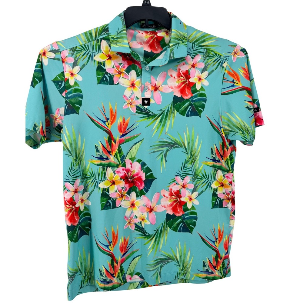 Bad Birdie Shirt Golf Polo‎ XL Mens Tropical Floral Turquoise Hibiscus  Paradise